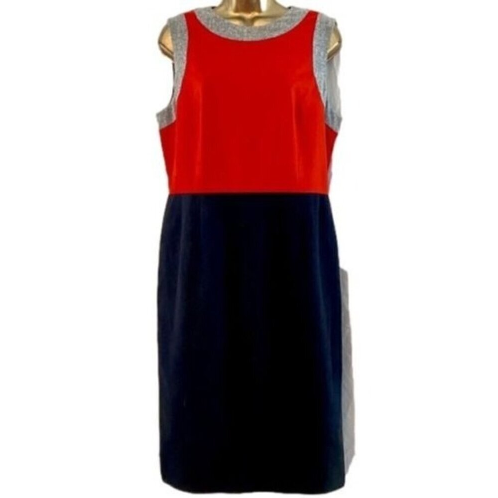 Color Block Dress L Sheath Paris Mod Office Capsule Mob Wife 100% New Wool